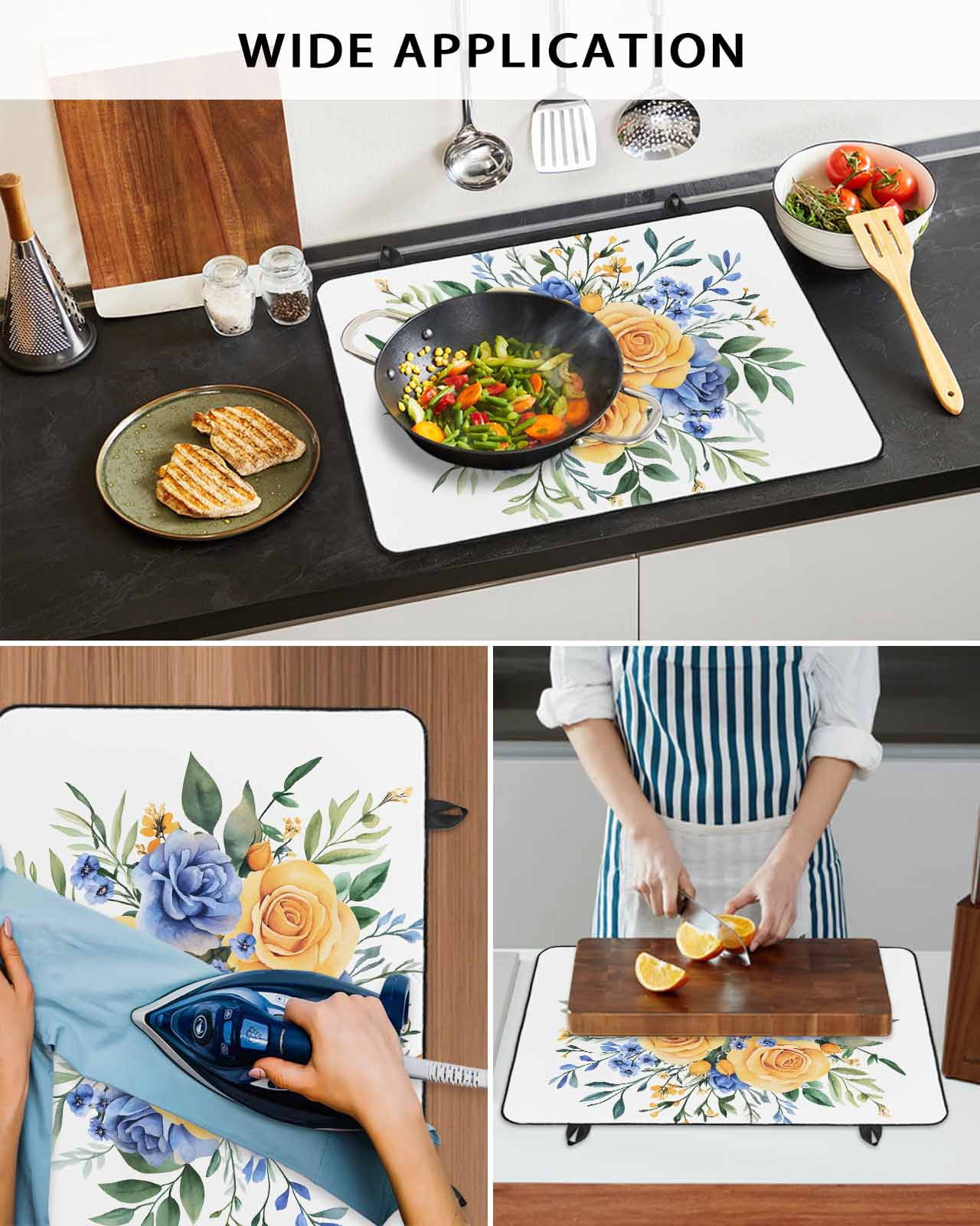 nqOlkjepod Large Induction Cooktop Protector Mat 24"x21", Floral Eucalyptus Leaves Stove Top Covers for Electric Stove, Blue Yellow Garden Flowers Stove Burner Cover Mats, Glass Top Stove Cover