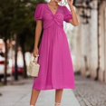 thumbnail image 4 of SWSMCLT Women's High Waist Cute Summer Ruched Long Dress V Neck Sundress Short Sleeve Fashion Lantern Sleeve Dresses Rose Large, 4 of 4