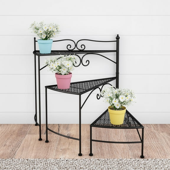 Plant Stand – 3-Tier Indoor or Outdoor Folding Spiral Stairs Wrought Iron Metal Home and Garden Display with Staggered Shelves by Pure Garden (Black)