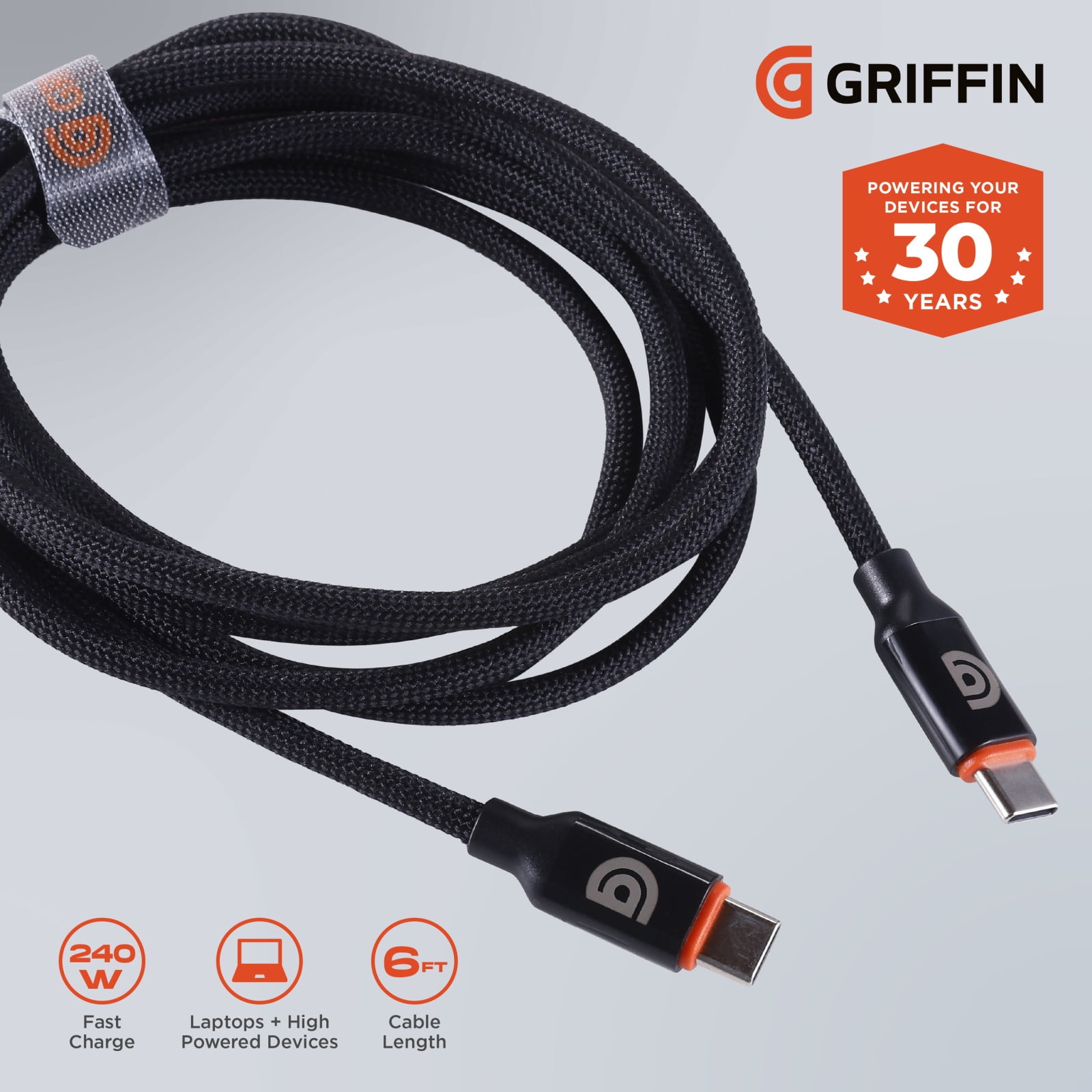 Griffin 10FT High-Powered USB-C to USB-C Charge & Sync Cable - Fast Charging for Laptops, Tablets, Phones, USB-C Cable, Durable Braided Cable, Universal Compatibility, 240W Power Delivery