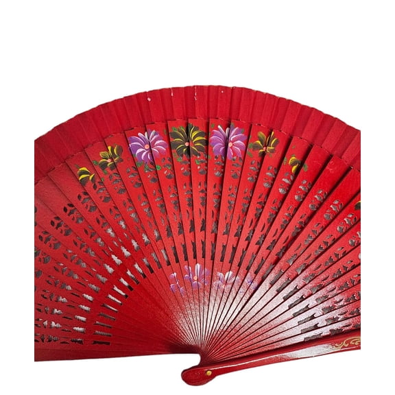 CL GIFT Floral Vintage Spanish Folding Fan Doubled-Side Flower Wood Fan for Wedding Party Decor/Dancing HandHeld Fan (Red)