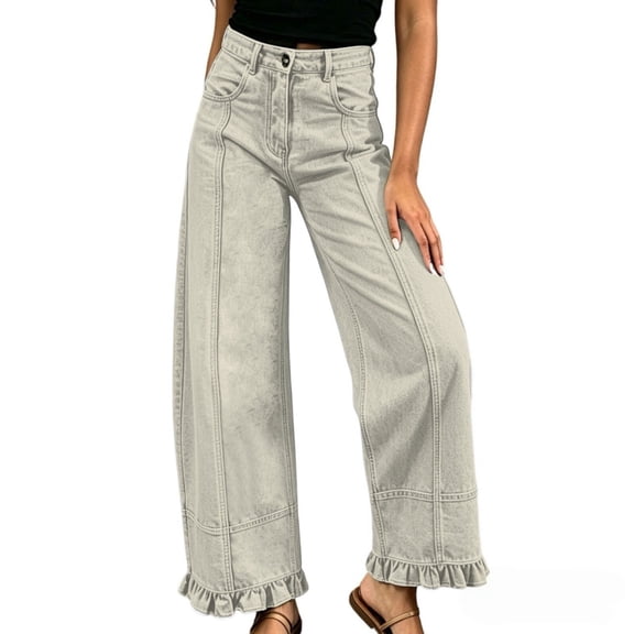 BODOAO Women's 2026 Barrel Jeans, Floral Print Wide Leg Denim Pants, Y2K Patchwork Baggy Boyfriend Trousers with High Waist, Washed Fabric and Oversized Shape Beige L