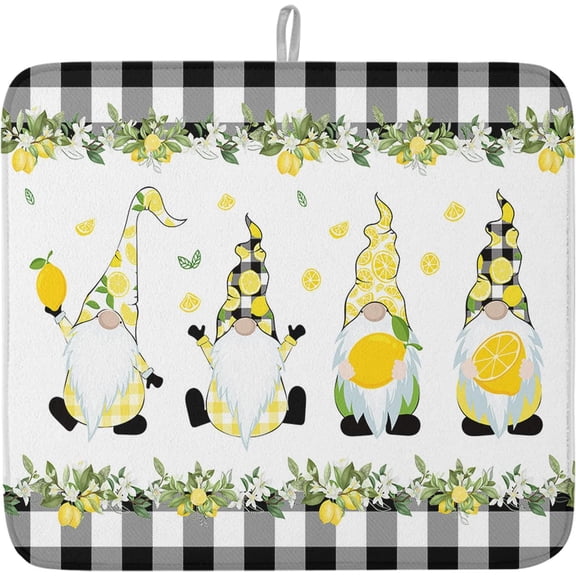 Summer Cute Lemon Gnome Dish Drying Mats for Kitchen Counter,Black White Plaid Microfiber Absorbent Dish Drainer/Rack Mat, Hangding Quick Drying kitchen Drying Mat,18x24inch Machine Washable