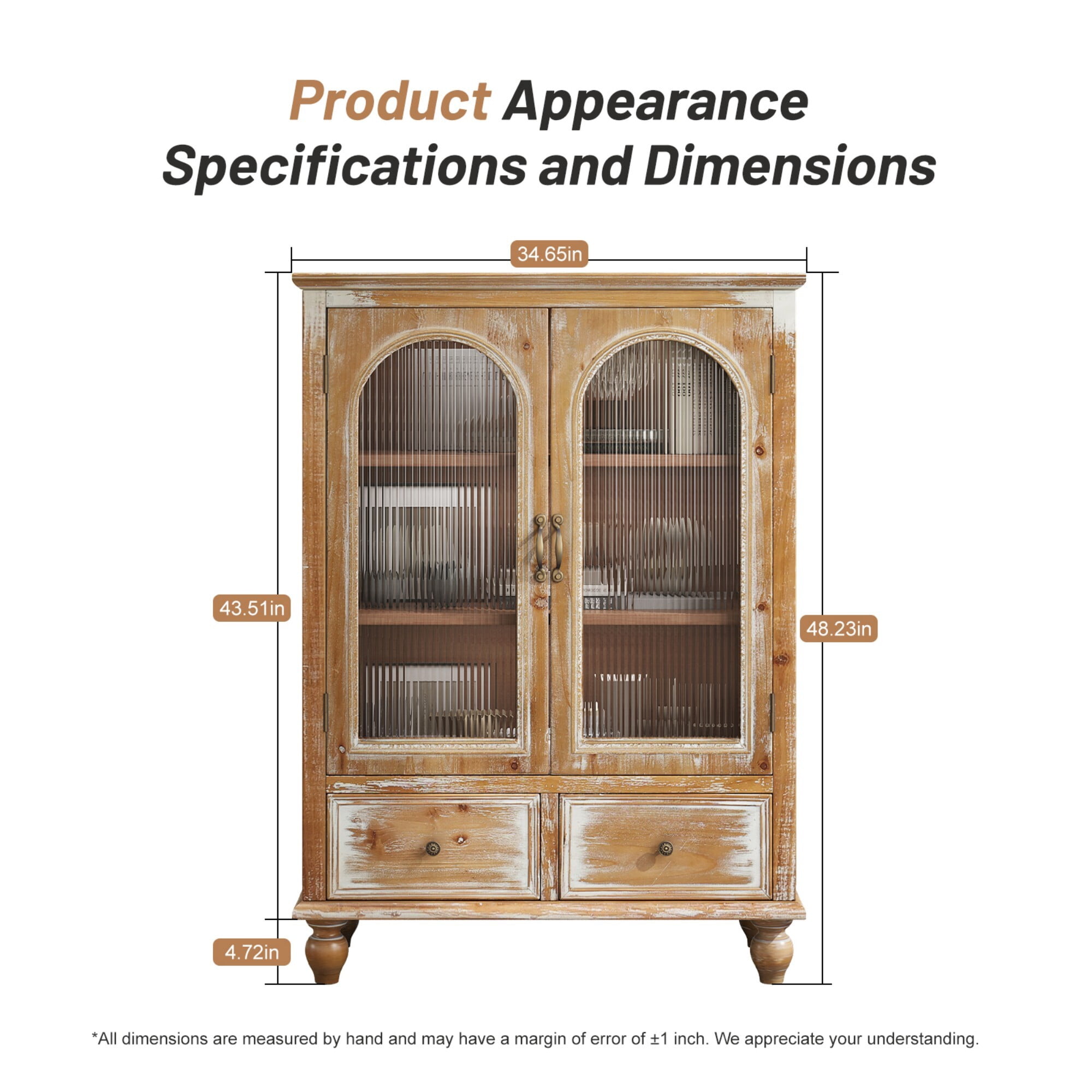 AENKYO 48" Farmhouse Storage Cabinet, Wood Kitchen Pantry with Arched Fluted Glass Doors & 2 Drawers, Natural