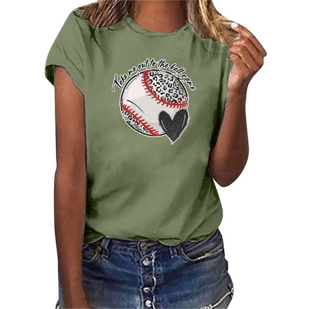 Gibobby Blusa de Trabajo de Manga Corta Mujeres Casual Béisbol Impresión Mangas Cuello Redondo Camiseta Suelta Blusa Tops(Verde,CH)