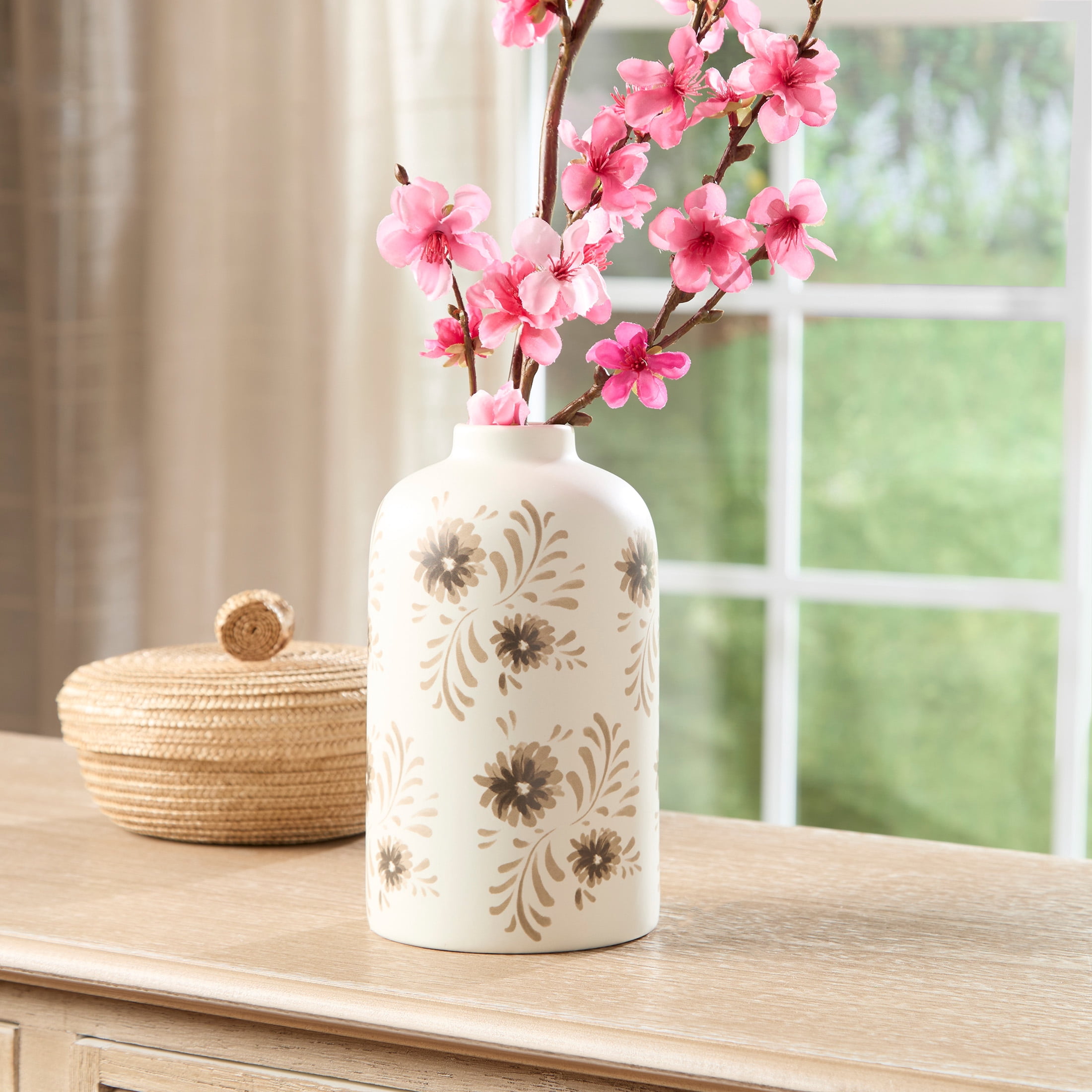 Mainstays By Becky G. & Alejandra Tall 7.6" White Flower Decorative Ceramic Vase