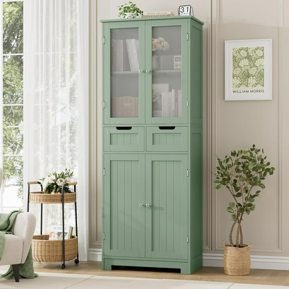 HORSTORS 67" Tall Bathroom Storage Cabinet, Freestanding Storage Cabinet with Glass Door and Shelves, Kitchen Pantry Linen Cabinet with 2 Drawers for Bathroom, Living Room, Dining Room, Green