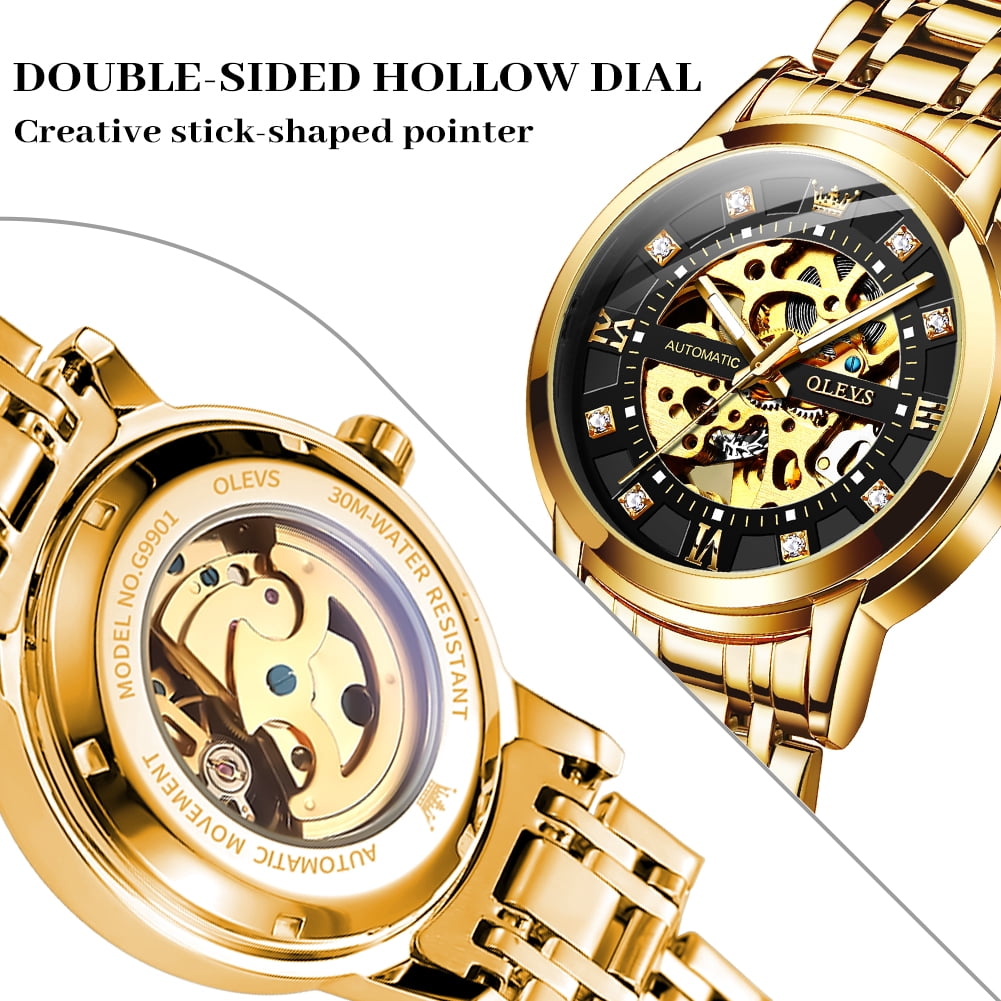 OLEVS Skeleton Watches for Mens Automatic Mechanical self Winding Diamond Luxury Business Dress Stainless Steel Waterproof Luminous Mens Wrist Watches Reloj Para Hombre Blue/White/Black/Gold Dial