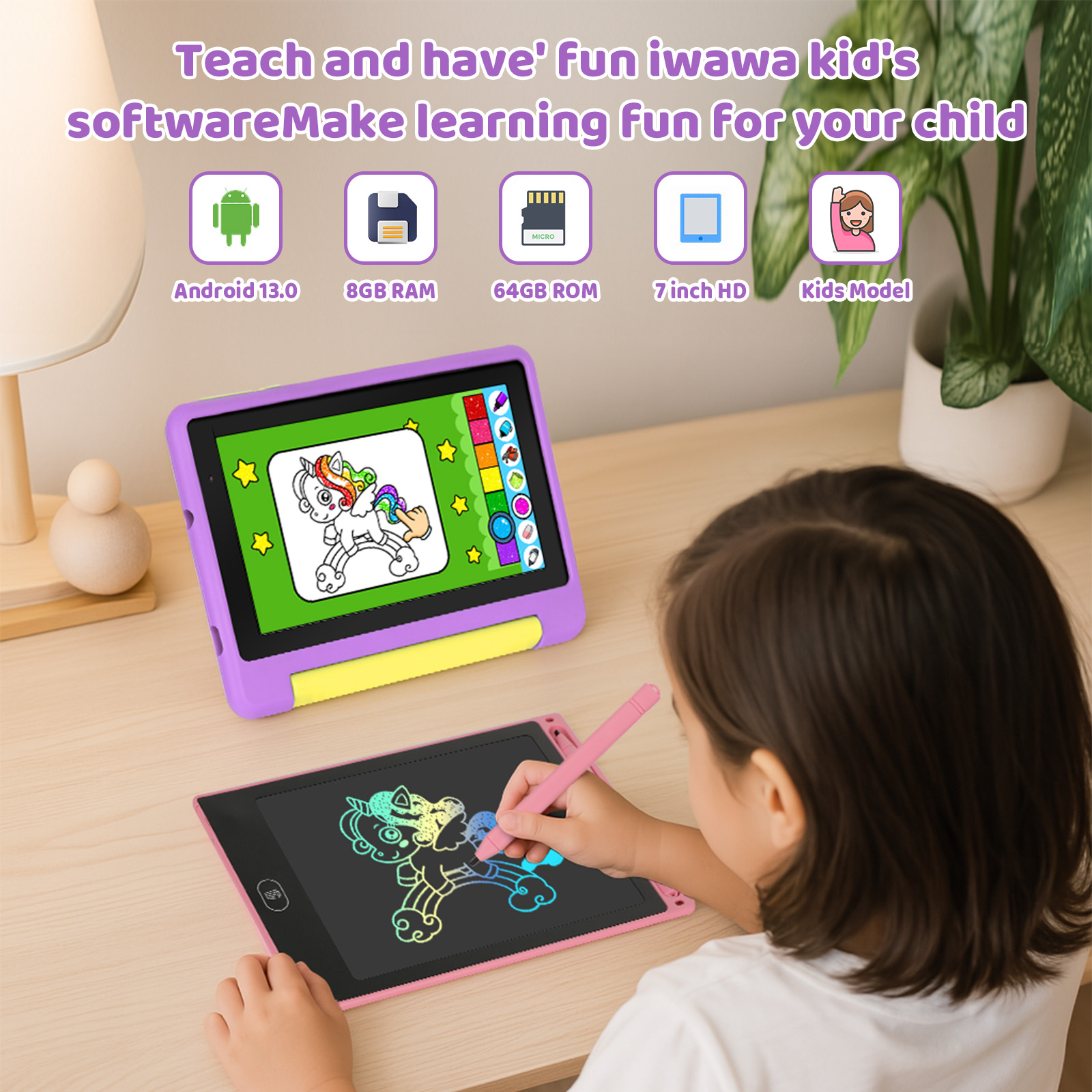 AEEZO 7 Inch Kids Tablet Bundle, 8GB RAM 64GB, Learning Tablet for Kids Ages 3-10 with Headphones Stylus Bag, Purple