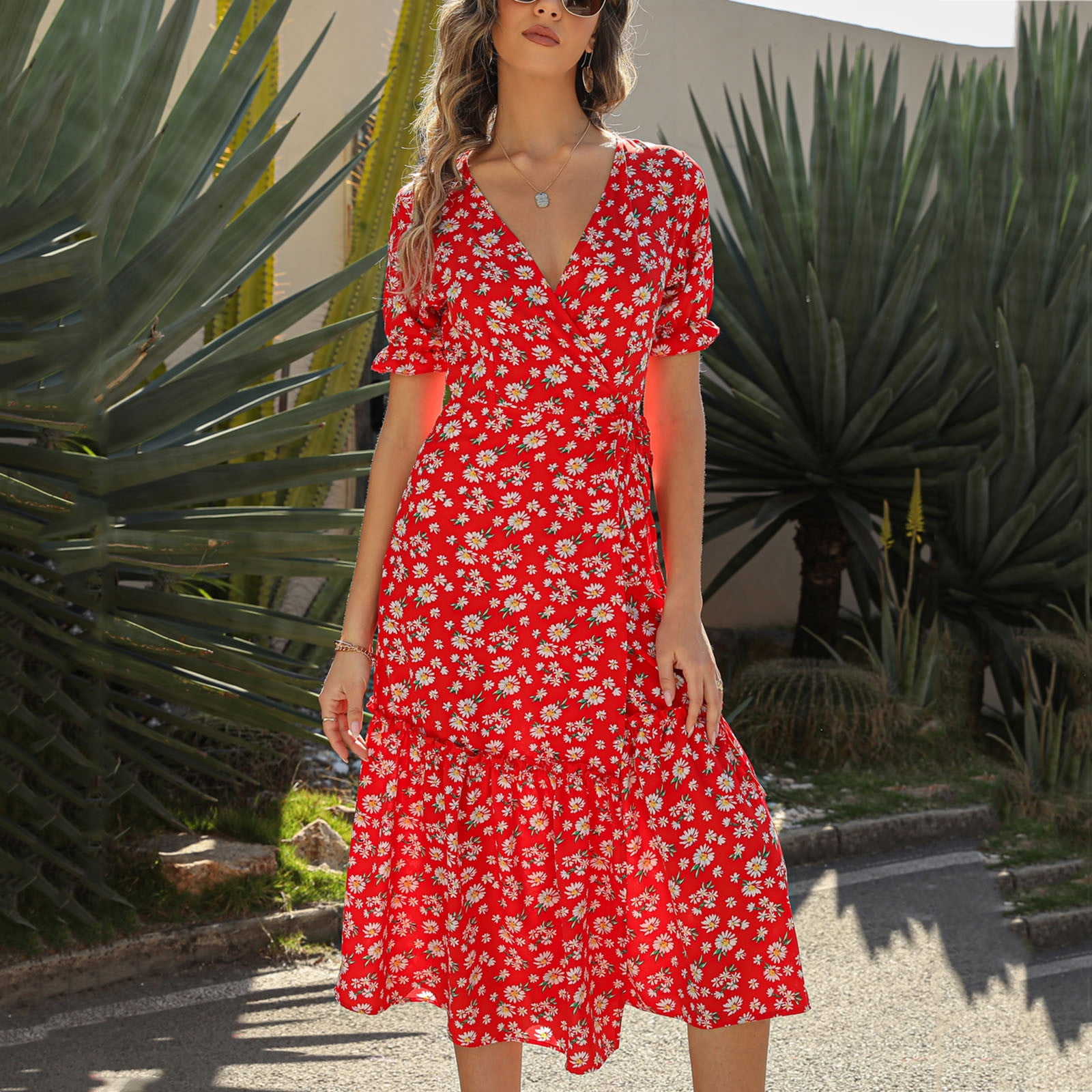 KaLI_store For Women Women Short Sleeve Loose Plain Casual Long Maxi Dresses  with Pockets Red XXL - Walmart.com