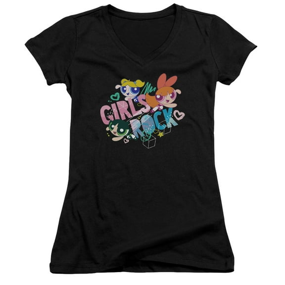 Powerpuff Girls Girls Rock Junior Women's T-Shirt V-Neck Black