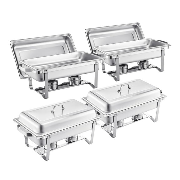 KFFKFF Buffet Serving Set, 6 Pack of 8 Qt, Crafted from Stainless Steel, Comes with 6 Full Size Pans, Rectangular Food Warmer with Lid, Water Pan, Stand, and Fuel Holder, Ideal for Weddings, Silver