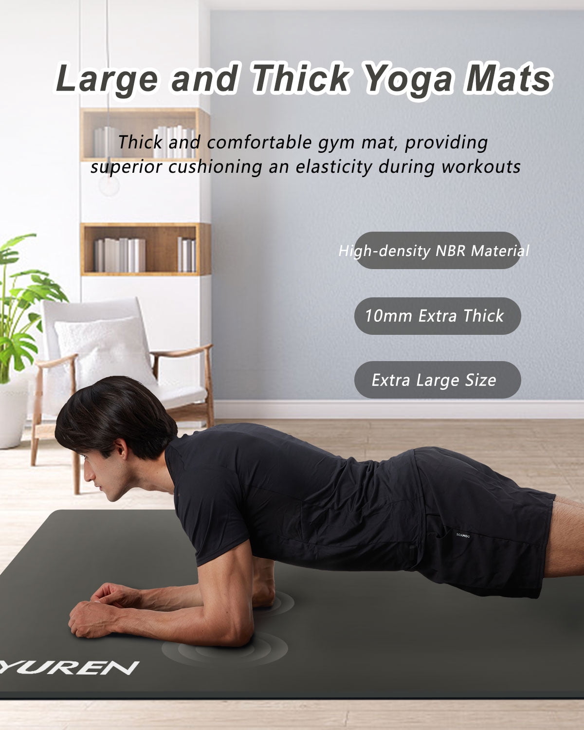 YR Thick Yoga Mat 10mm NBR 78"x35" Wide Exercise Workout Mats Large for Home Gym Floor Fitness Pad, Gray