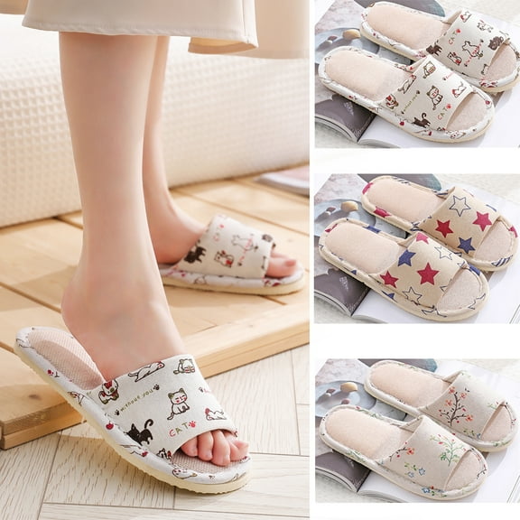 Linen Printed Indoor Home Slippers for Women/Men,Garden Household Floor Non-Slip Shoes,Cartoon Cat