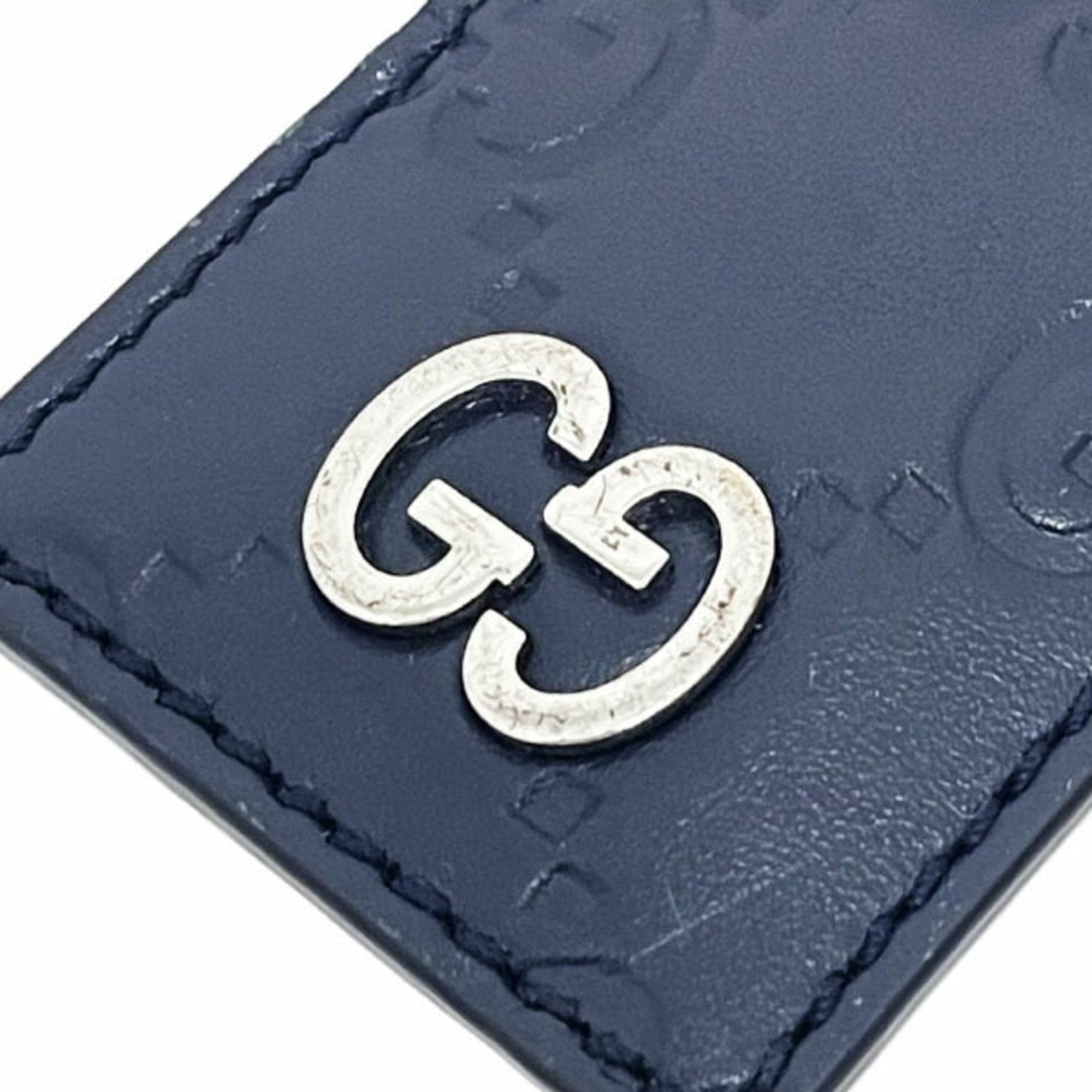 Pre-Owned Gucci Keychain Signature Leather Keyring Calf Navy