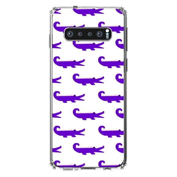 DistinctInk Clear Shockproof Hybrid Case for Samsung Galaxy S10 (6.1" Screen) - TPU Bumper, Acrylic Back, Tempered Glass Screen Protector - Purple White Alligators - Cartoon Alligators