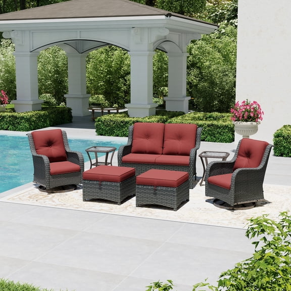 Joyside 7 Piece Wicker Patio Set with 2-Seat Loveseat, 2 Swivel Rocker Chairs, 2 Ottomans & 2 Side Tables, Outdoor Furniture Sectional Conversation Set for Deck Porch, Red