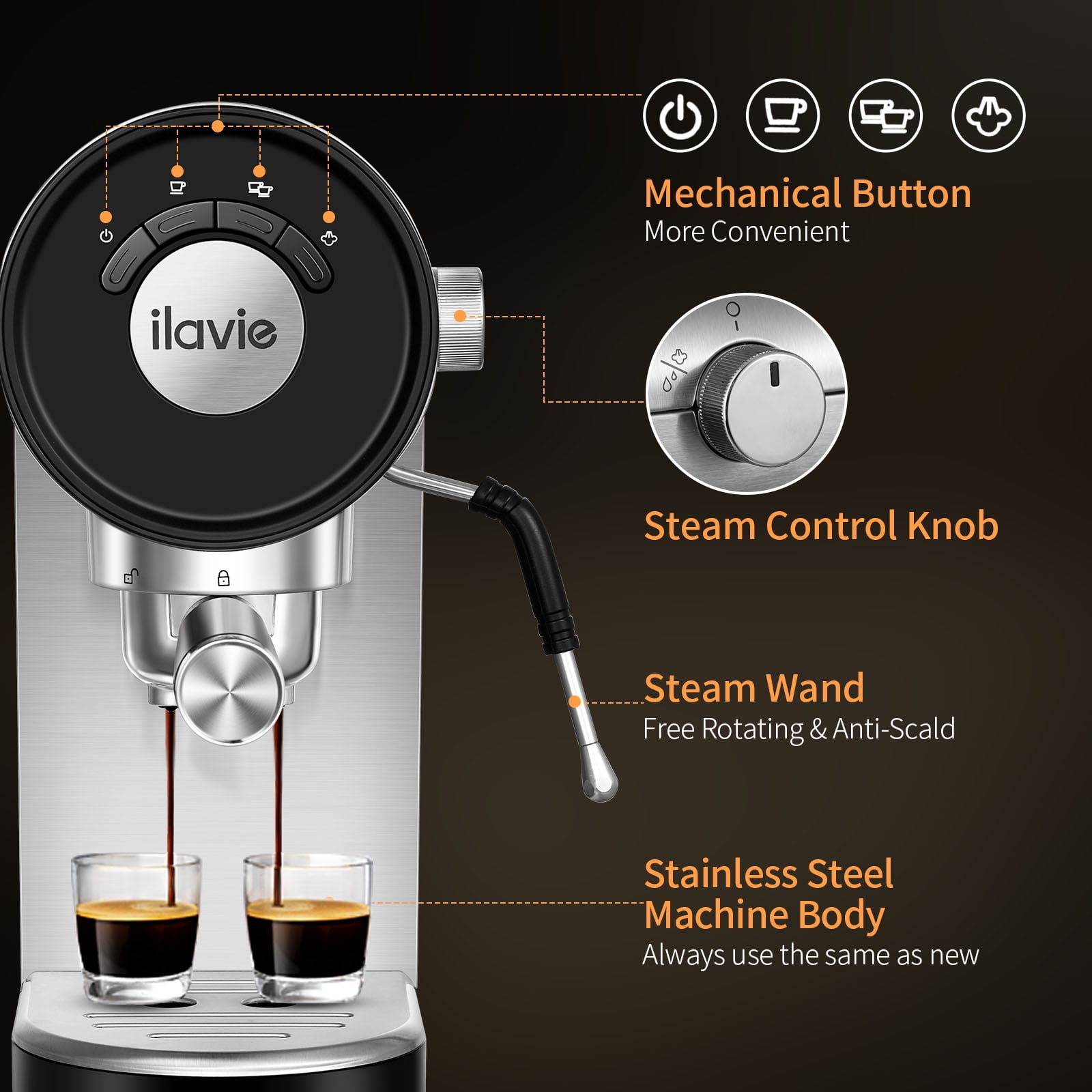 ILAVIE Espresso Coffee Machine, 20 Bar Stainless Steel Coffee Maker with  Frother, 36 oz, Silver, New