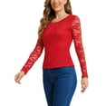 thumbnail image 4 of INSPIRE CHIC Women's  Round Neck Long Sleeves Sheer Flower Embroidery Lace Blouse XL Red, 4 of 6