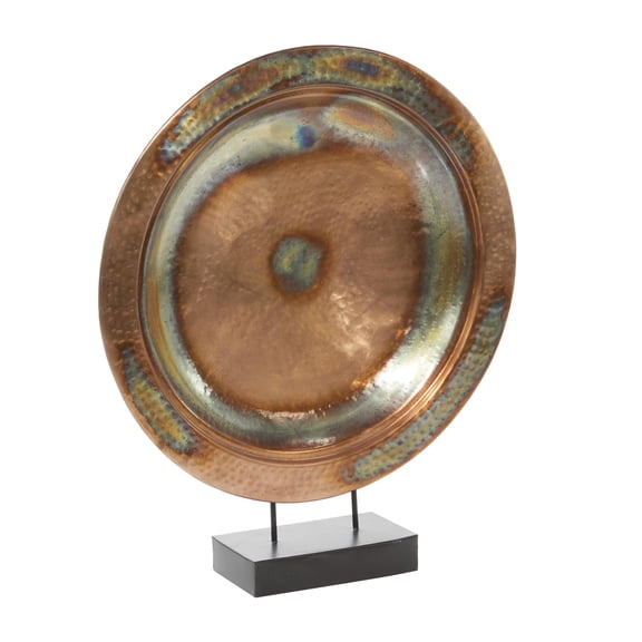 25" x 30" Copper Metal Large Weathered Disk Plate Sculpture with Elevated Black Stand, by DecMode