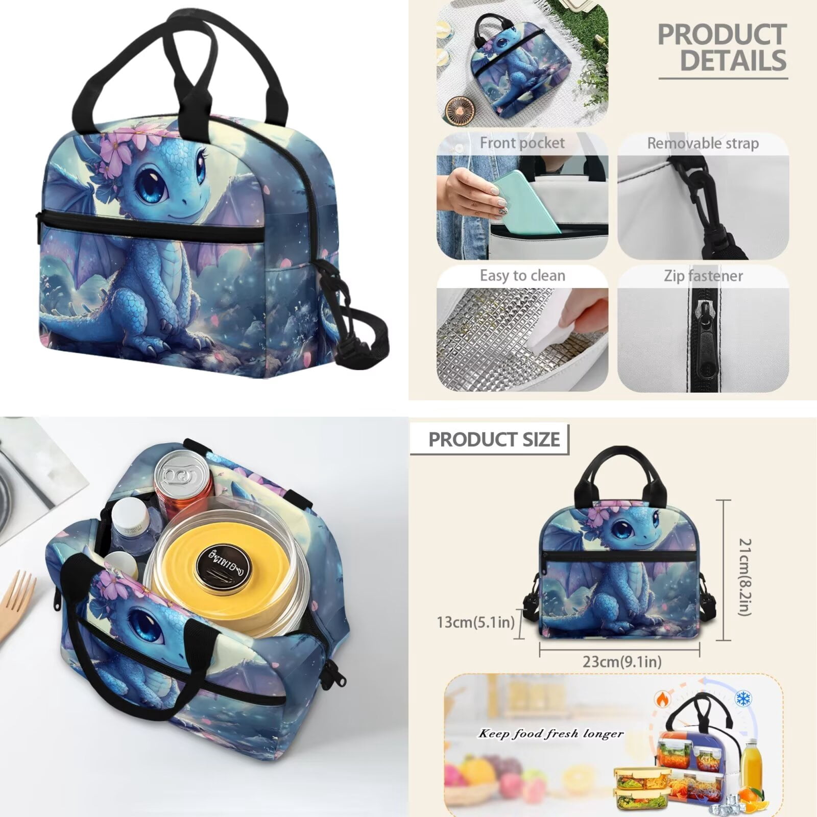 Pzuqiu Cherry Blossom Dragon Kids Backpack Back Pack for School Girls Boys Backpack Lunch Bag with Pencil Bag 4 pcs Travel Daypack Camping School Bags with Water Bottle Holder