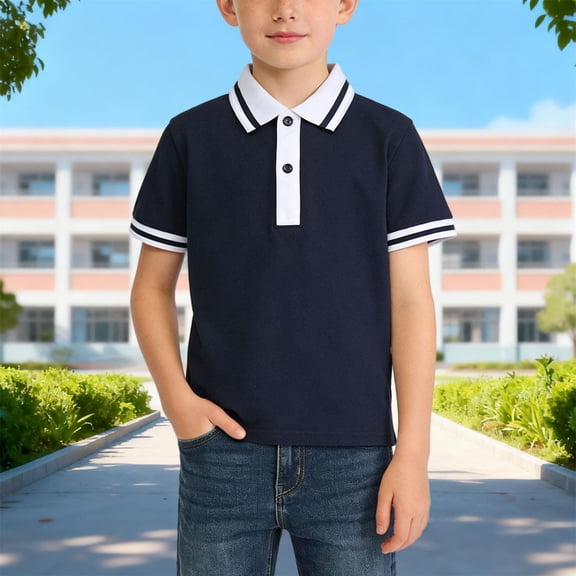 YUSIM Boys Cotton Polo Shirts- Casual Summer Short Sleeve School Uniform Navy Size 6-14