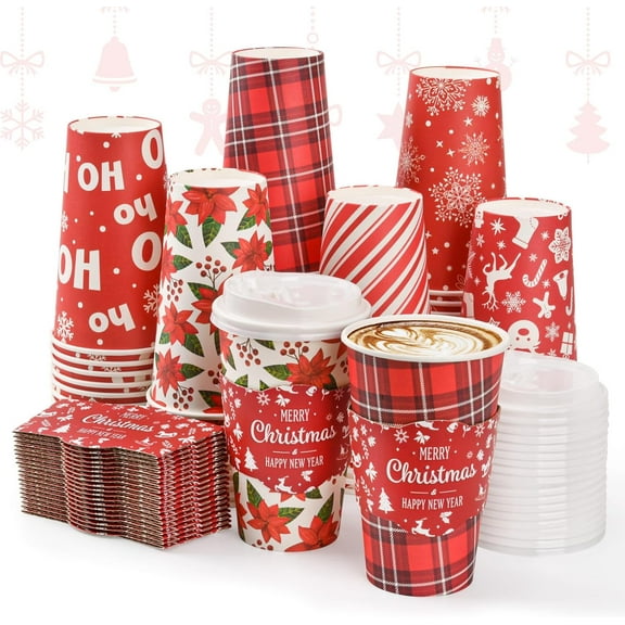 72 Set Christmas Disposable Coffee Cups with Lids and Sleeves Snowflake Reindeer Paper Drinking To Go Cups for Winter Holiday Christmas Party Coffee Bar Decor Business Supplies (Red)，Disposable cup