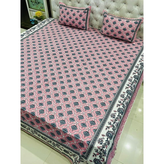Ethnic Floral Indian Cotton Bedspread – King Size Bedding Set with Pillow Shams(Pink)