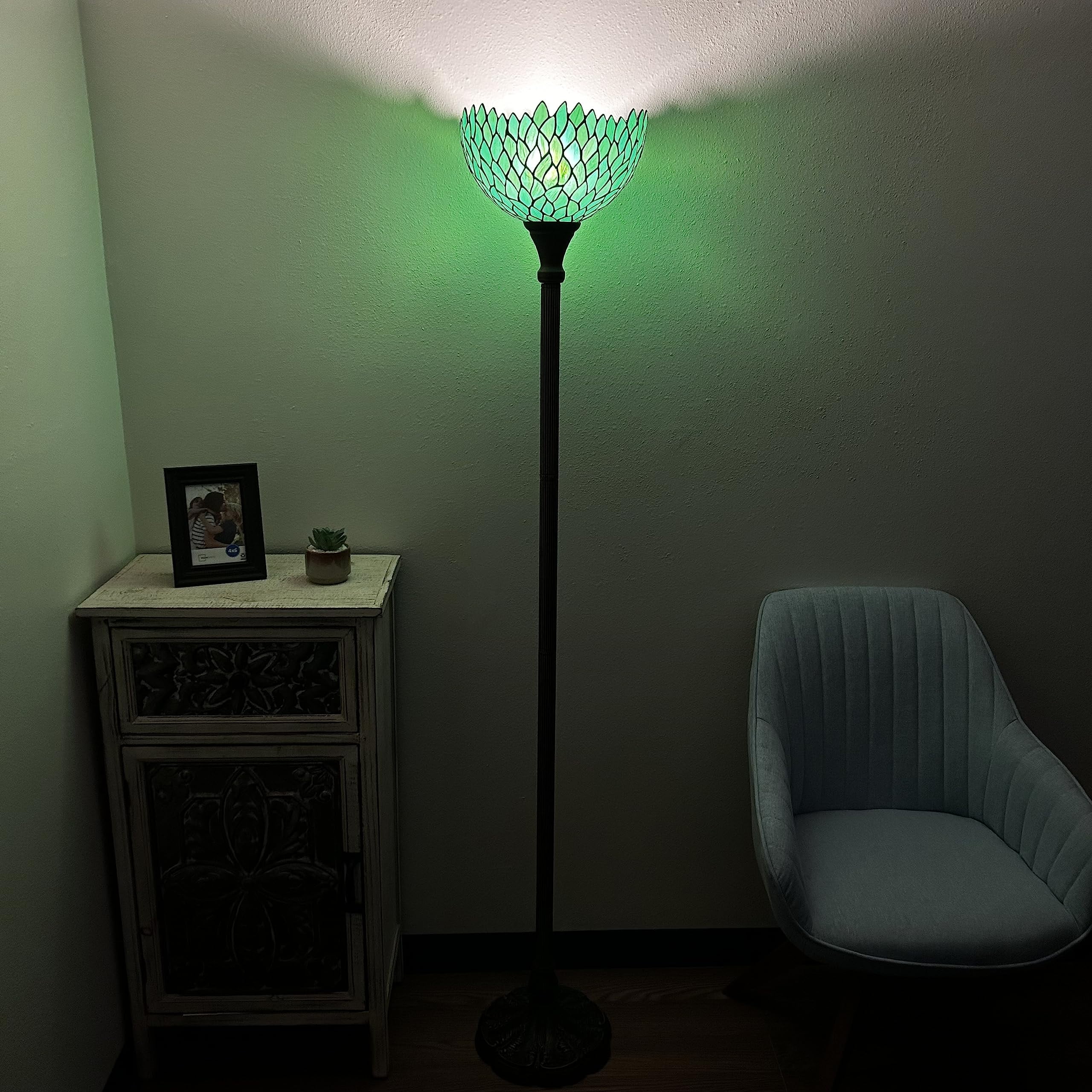 Tiffany Torch Floor Lamp Green Leaves Stained Glass LED Bulb Included for Living Room Dining Room Bedroom Office Hotel 12"W*12"D*66"H