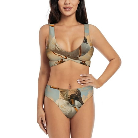 Zeuib Hiking Duck High Waisted Tummy Control Bikini Set - Knot Front Push Up Top & Cheeky Thong Bottom  Two-Piece Swimsuit for Women-X-Large