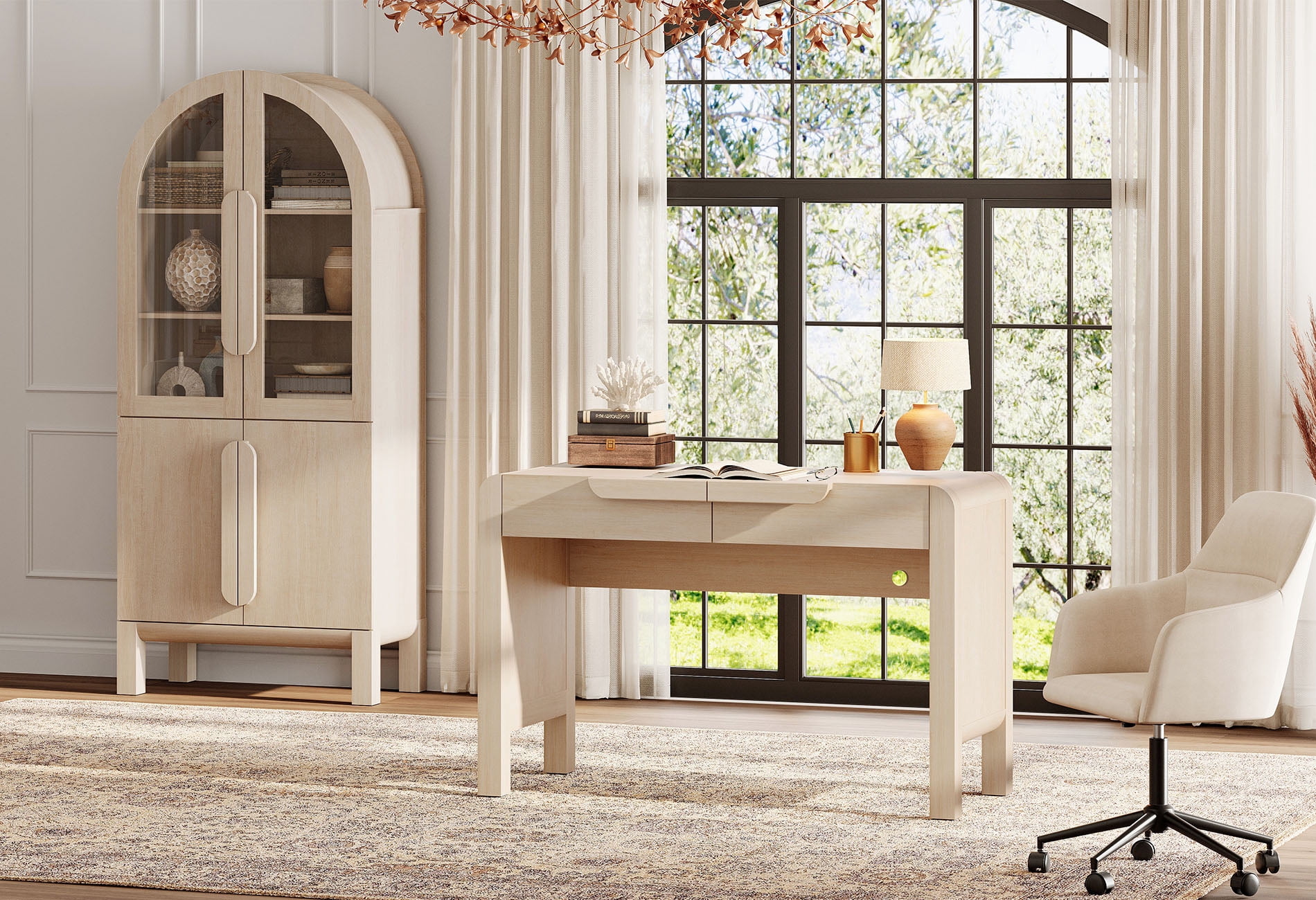 2 Piece Office Set, 47" Modern Executive Desk with Charging Station and Drawers & 71"H Tall 3-Tier Arched Bookcases with Glass Door for Living Room, Bedroom, Home Office