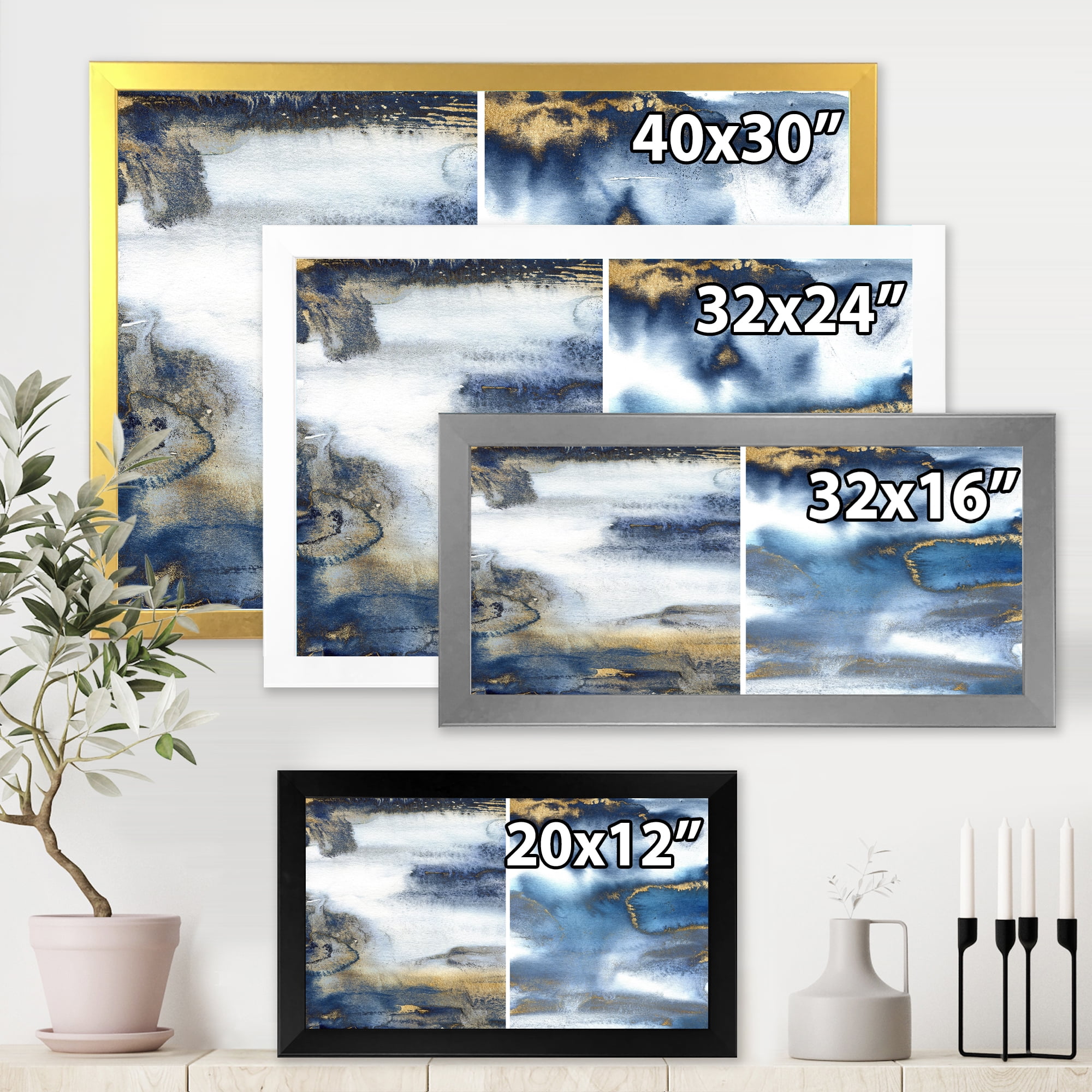 Designart 'Gold and Dark Blue Abstract Waves I' Modern Framed Art Print