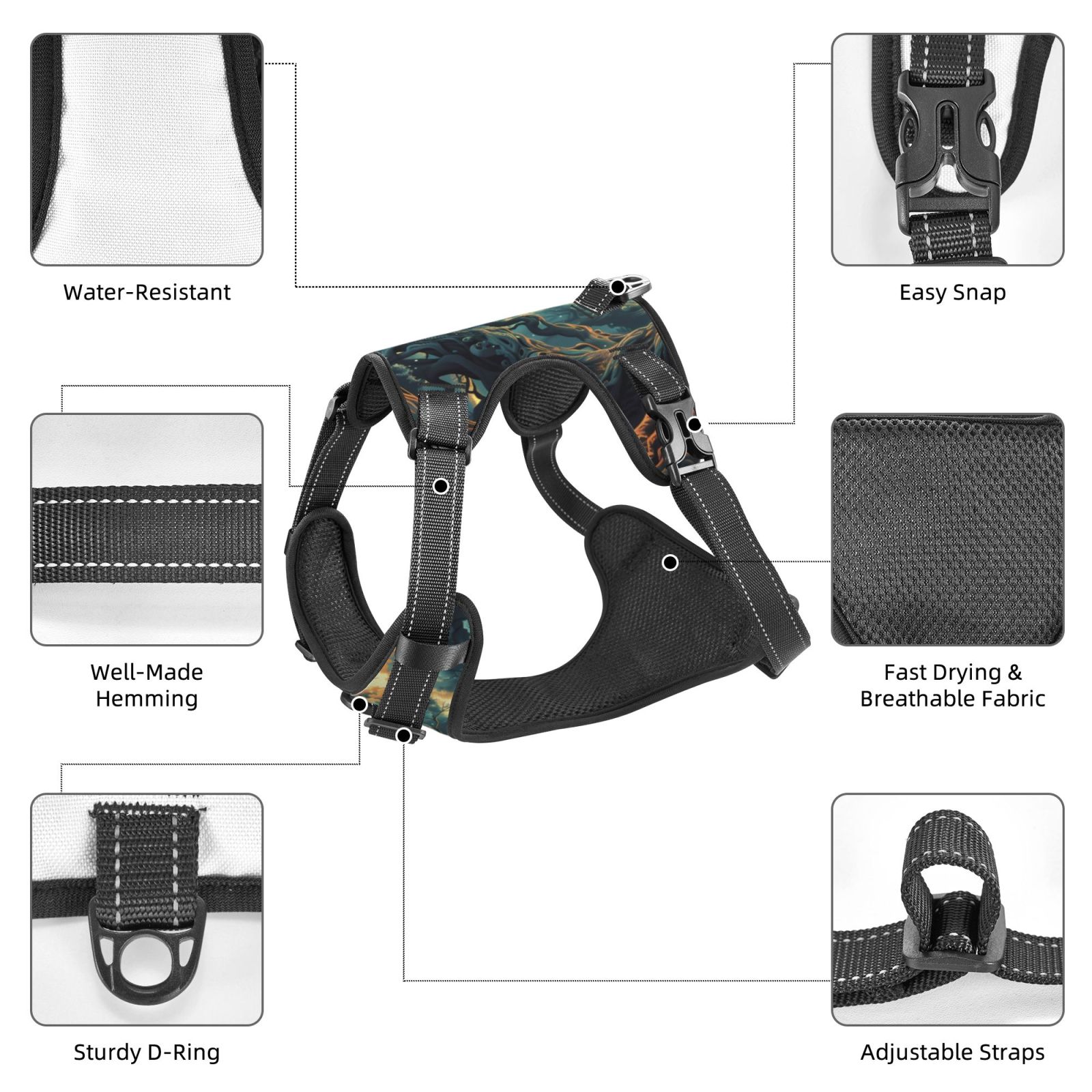 Vsdgher Enchanted Forest Skull Path Dog Harness, No-Pull Pet Harness, Dog Vest, Pet Vest for Small to Large Dogs-Small