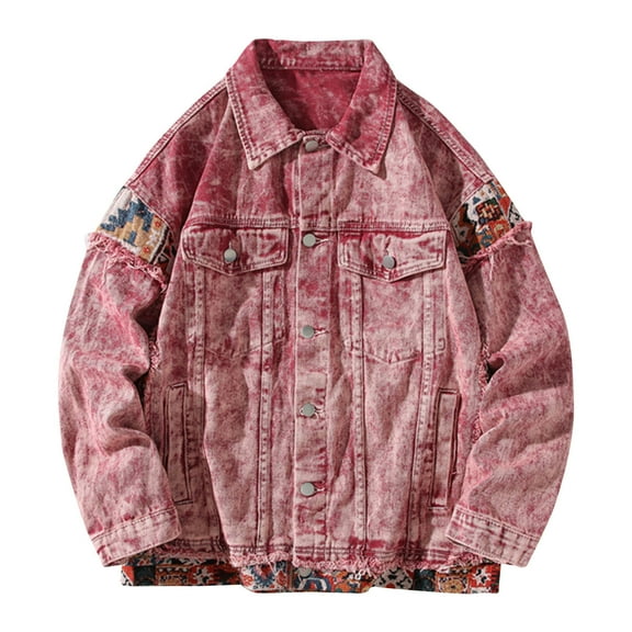 Maoxin Mens Tops Men's Vintage Motorcycle Solid Color Button Pocket Long Sleeved Denim Jacket Casual Jackets for Men Pink XL