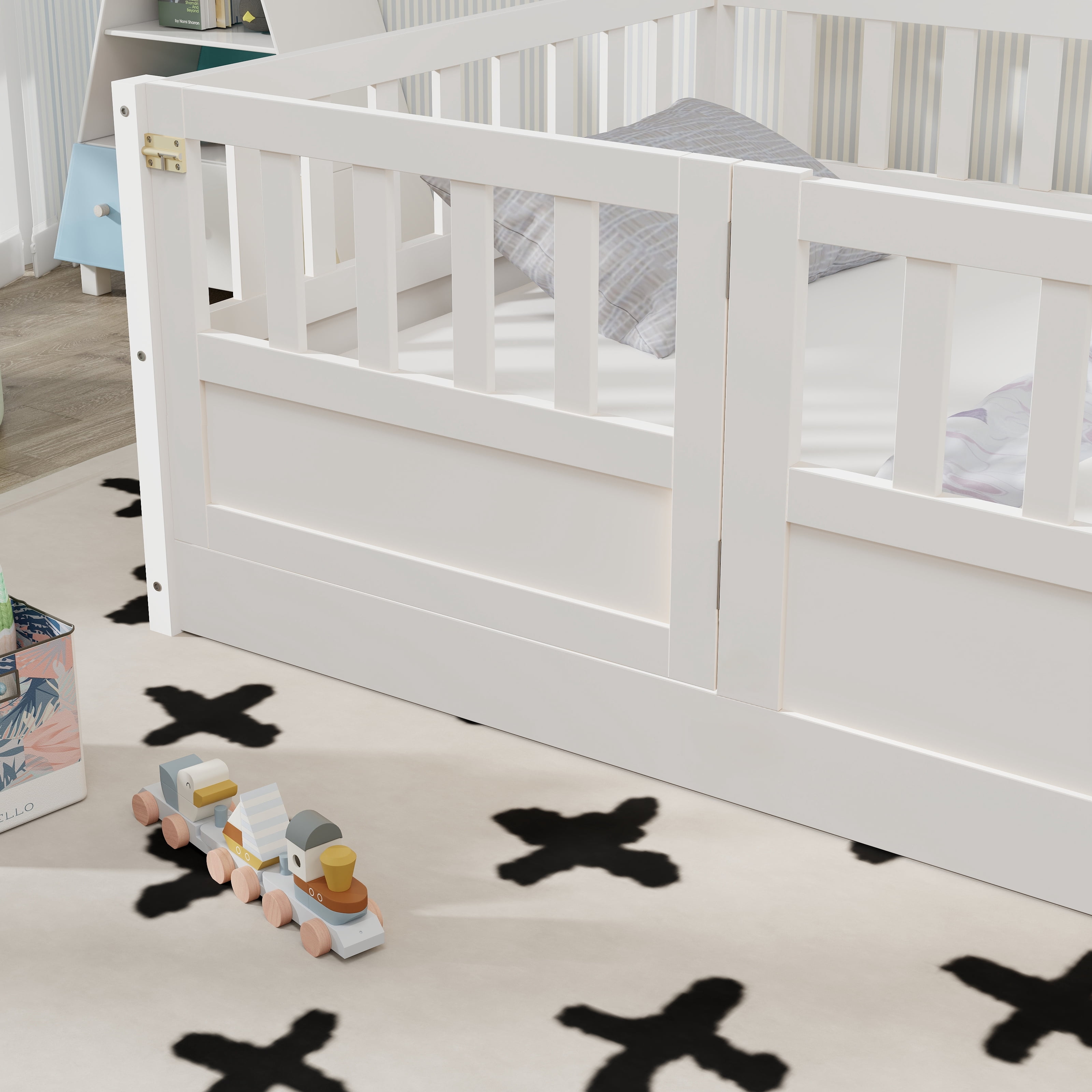 Floor Bed, Low-Profile Bed Frame, Twin Size Bed with High Safety Barrier, Door and Support Slats for Stability, Solid Pine Wood Construction, White
