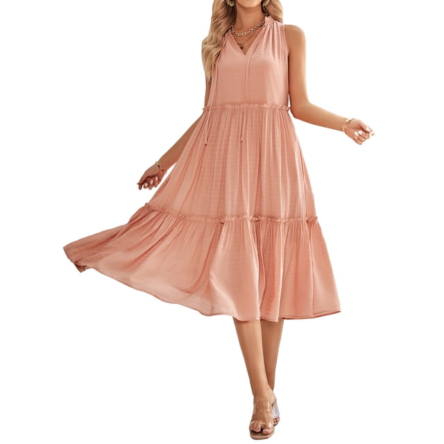 Lucakuins Mujer Verano A-line Midi Vestido Casual Color sólido Con cuello en V Volantes Sin mangas Suelto Vestido de playa de vacaciones Lucakuins moda
