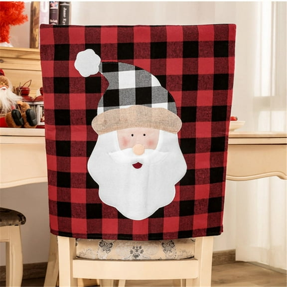BSJJY Plaid Christmas Chair Covers, Black and Red Snowman Santa Chair Back Covers Fabric Christmas Chair Slipcovers for Xmas Kitchen Dining Room Decor, 1PCS