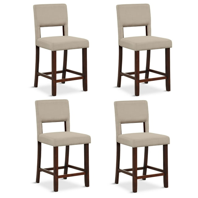 Gymax 4-Piece Linen Fabric Counter Height Bar Stool Set w/ Back & Rubber Wood Legs Beige