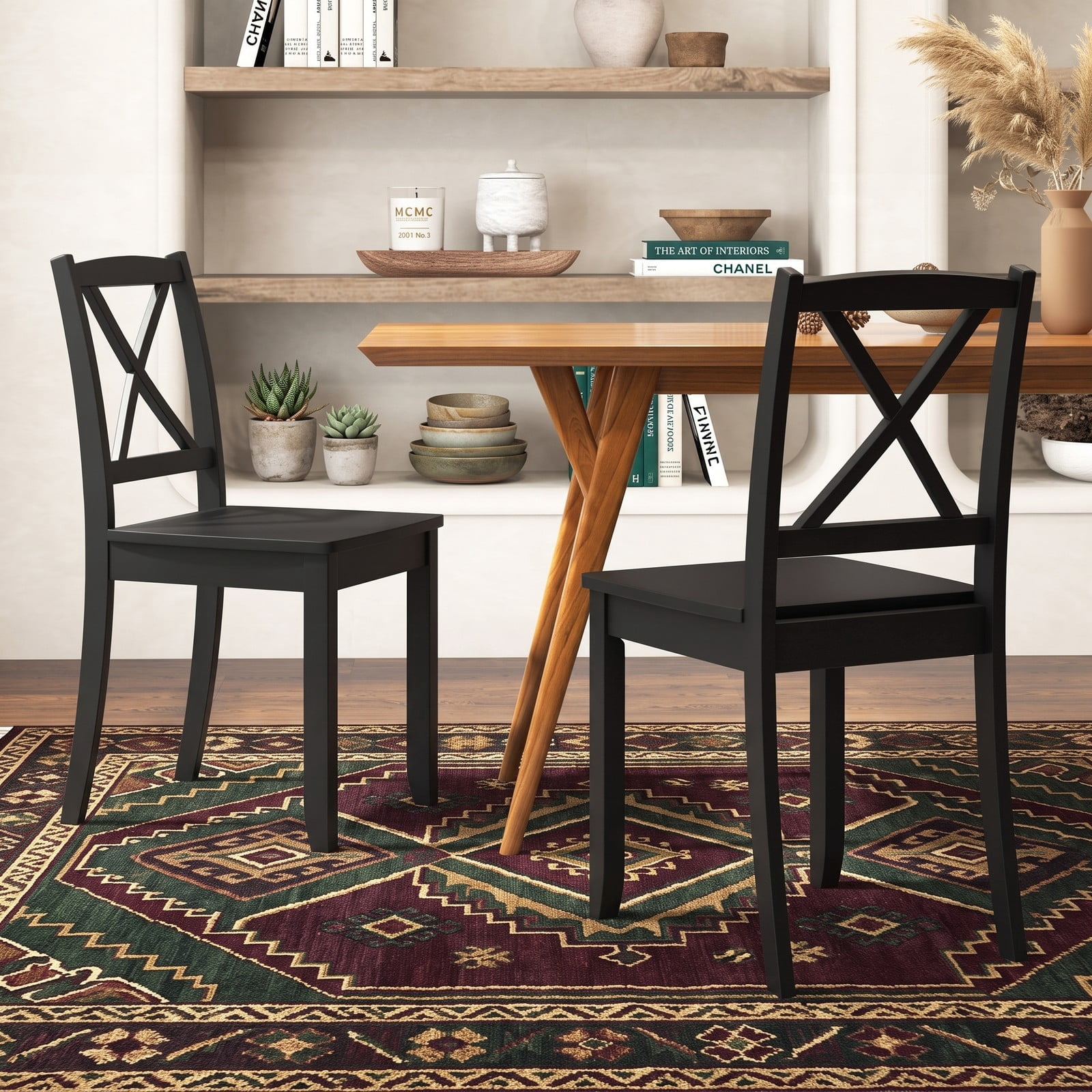 Furnibear Wood Dining Chair Set of 2, Farmhouse Kitchen Side Chairs with Rubber Wood Legs, Curved Cross Back and Non-Slip Foot Pads for Dining Room, Black