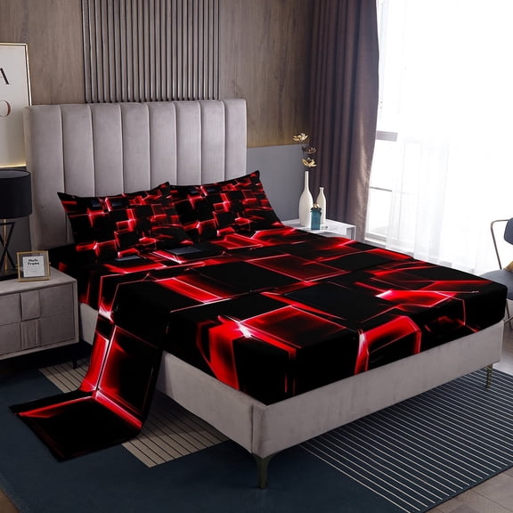 Erosebridal Geometric Buffalo Sheet Set Twin,Black Red Bedding Sets Twin Size,Breathable Bed Sheets Twin,Plaid Decor,3pcs