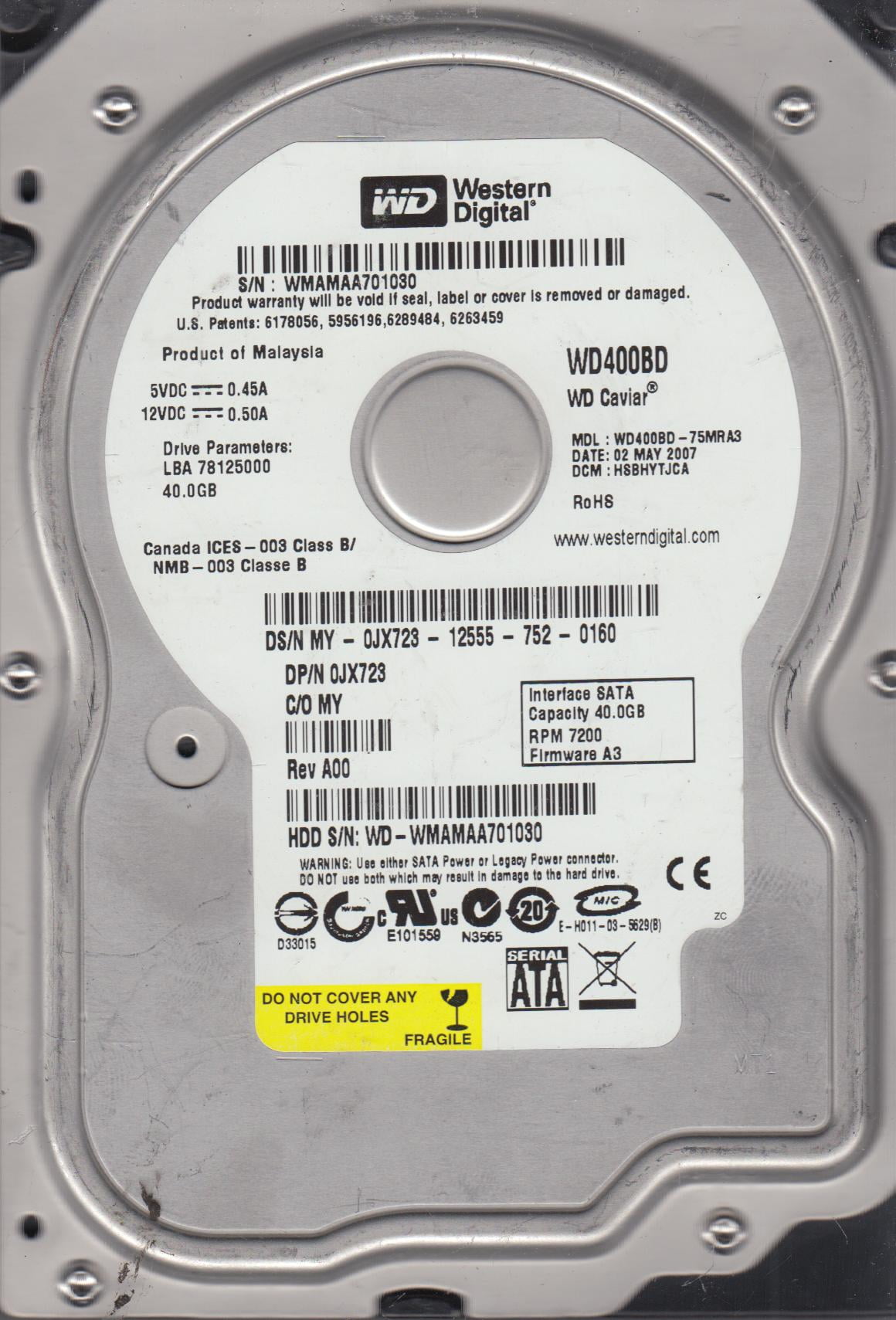 Disque Dur Western Digital WD400BD 40 Go - SATA II - 7200 Tr/min - 3,5 Pouces - Neuf