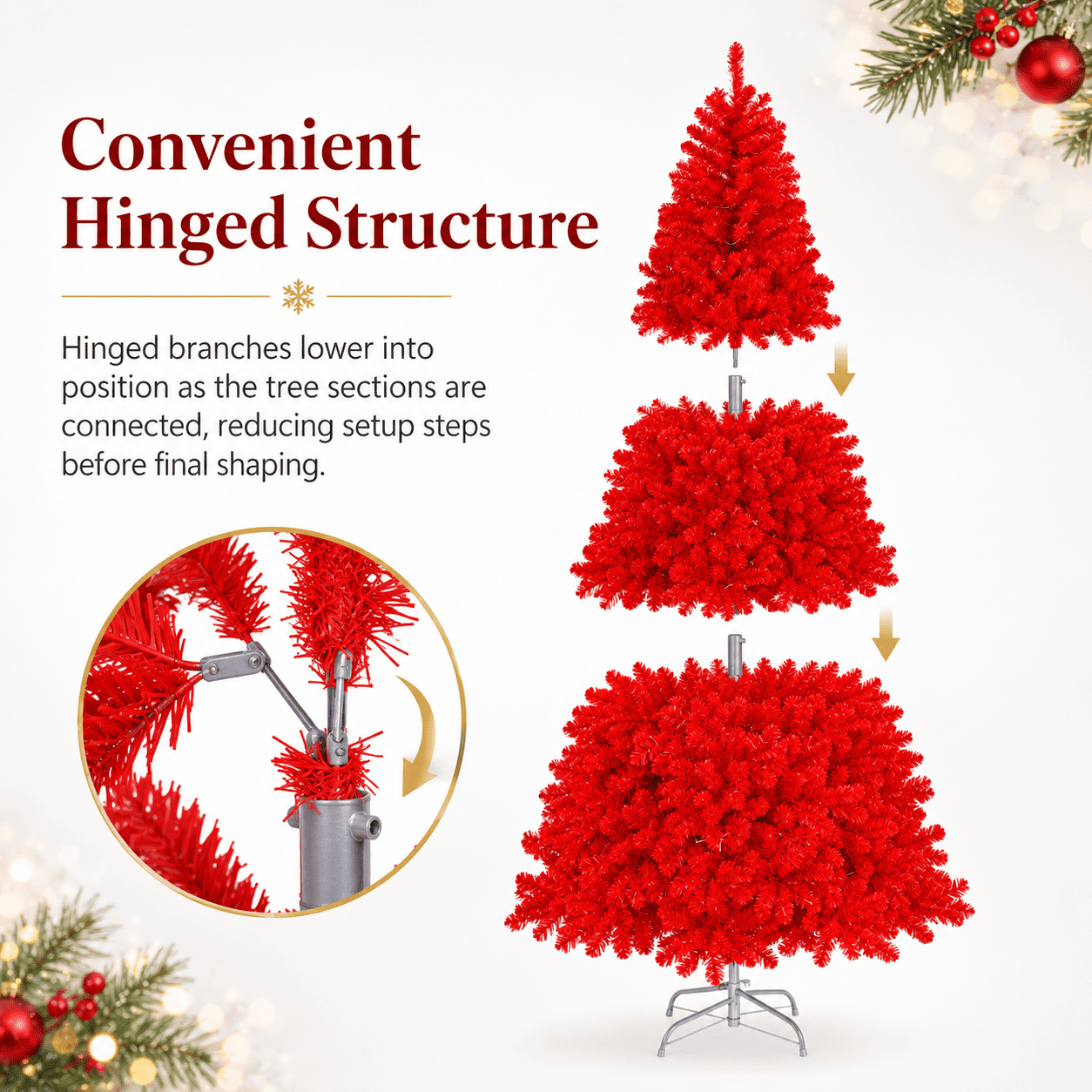 Alvantor 6 ft Red Unlit Artificial Christmas Tree with 800 PVC Branch Tips, Hinged Design and Metal Stand