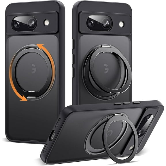 for Google Pixel 8A Case with 360° Rotatable Magnetic Ring Stand [Compatible with Mag-Safe][-Grade Protection] Translucent Pixel 8A Phone Case 6.1" for Women Men, Black