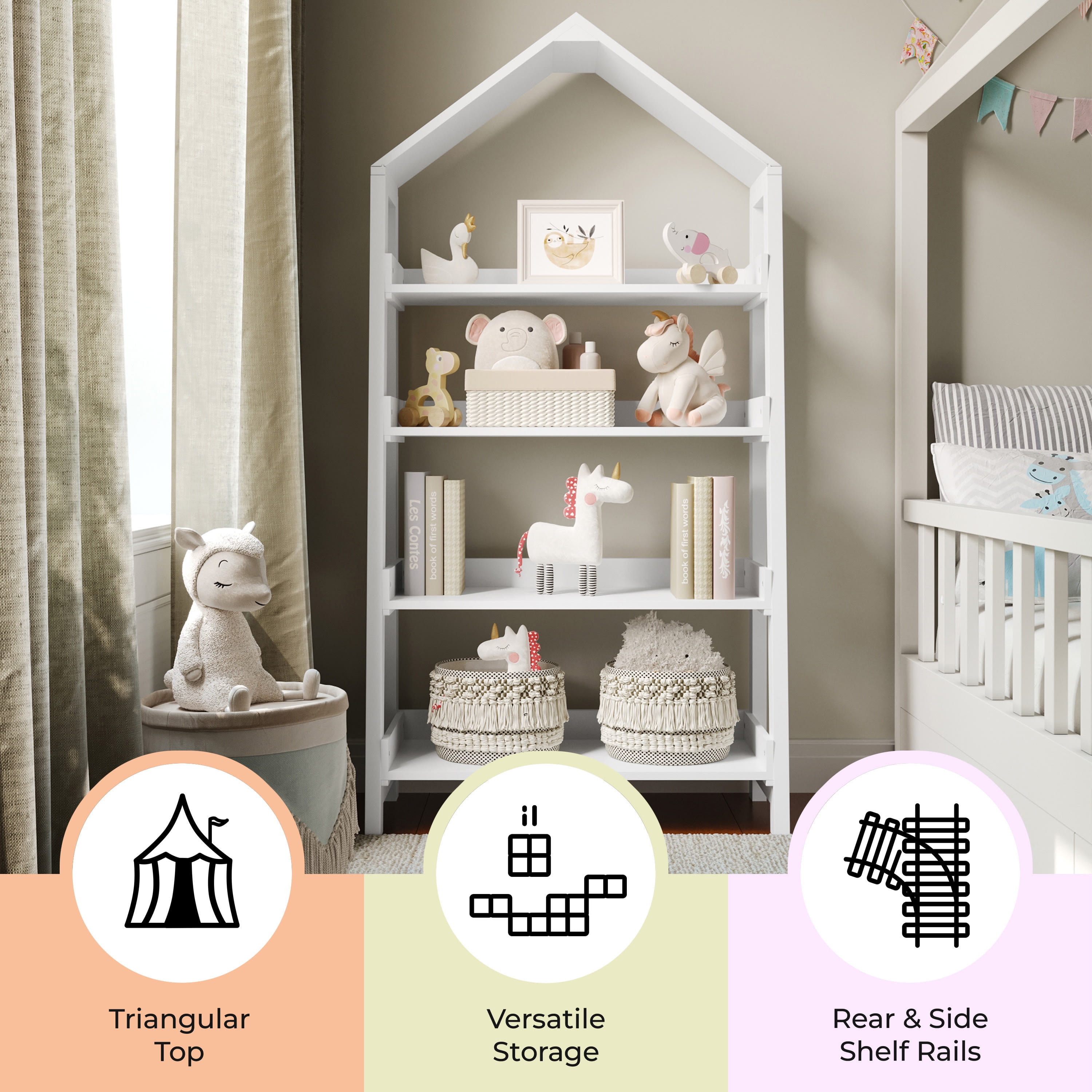 Buzz & Bloom Kids Open-Style Wooden Bookshelf with 4 Shelves and Covered Triangular Top, White