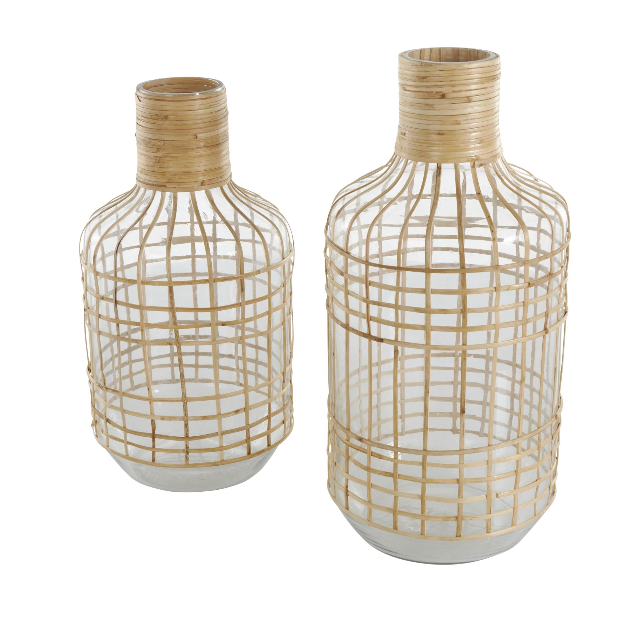 DecMode 15", 13"H Handmade Rattan Wrapped Glass Vase, Set of 2