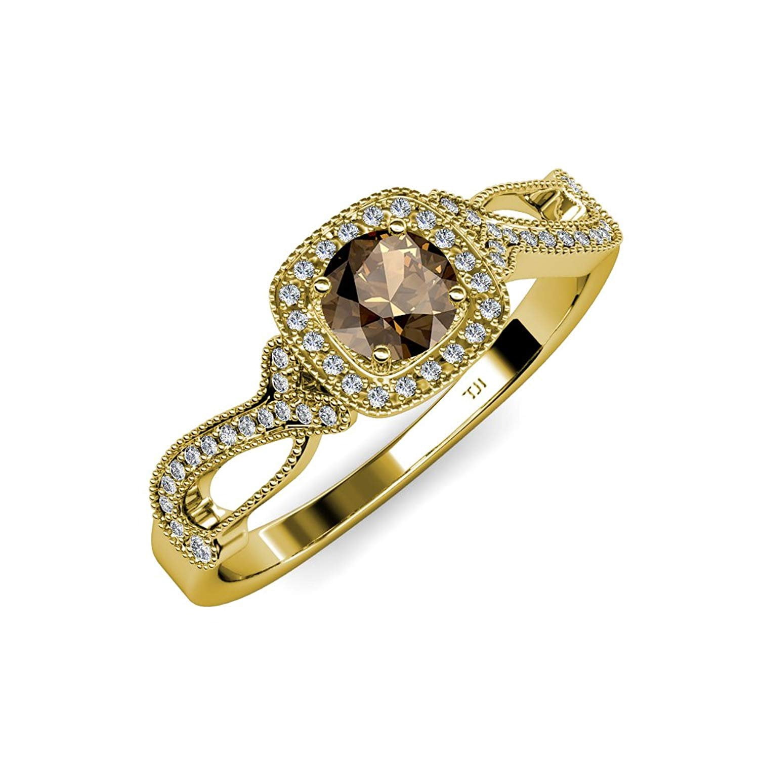 TriJewels Smoky Quartz and Diamond Swirl Halo Engagement Ring with
