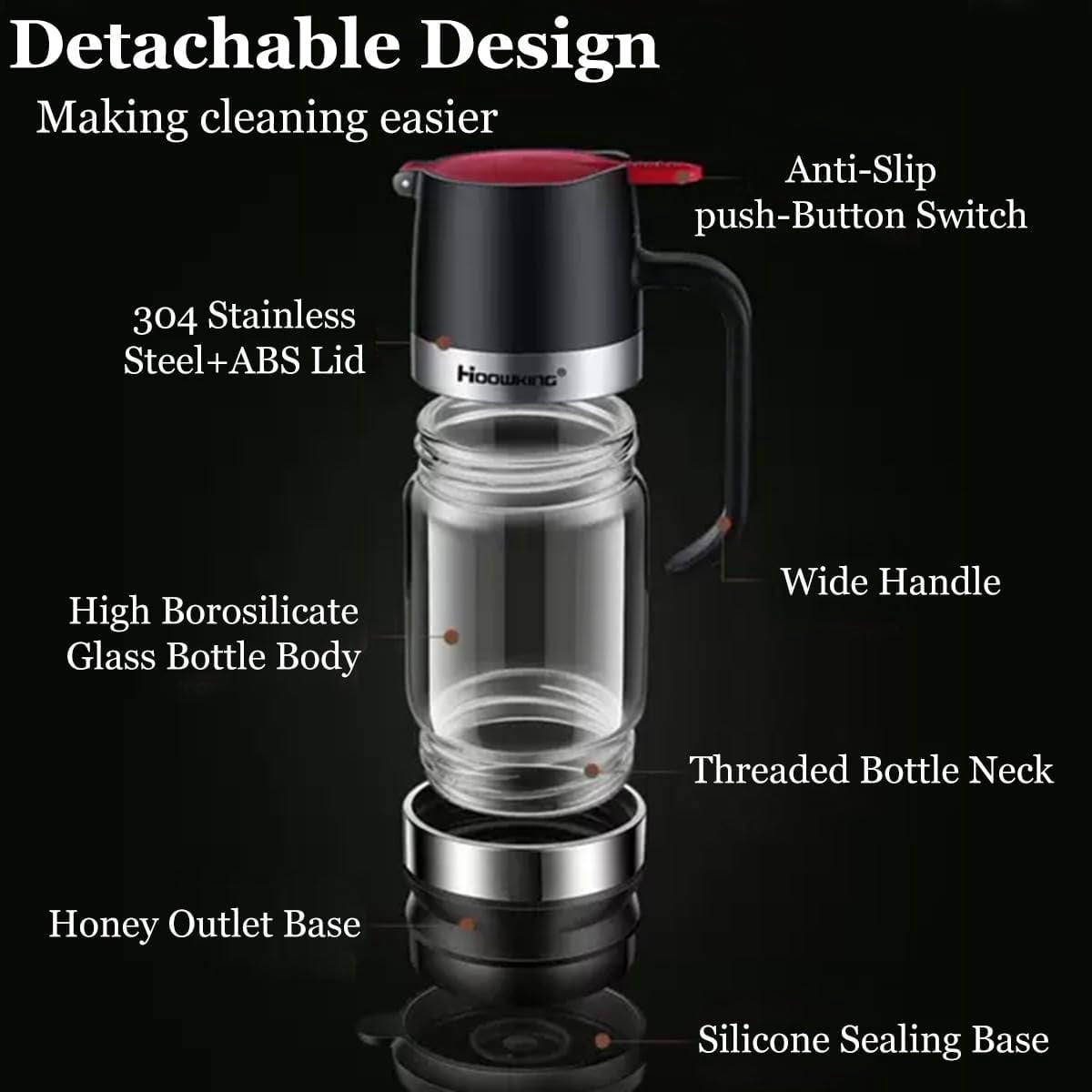Honey Dispenser No Drip with Base, 12oz Glass Honey Dispenser, Pressure Design for Quantitative Honey Extraction, Syrup and Jam, Honey Container with Handle(wwx)