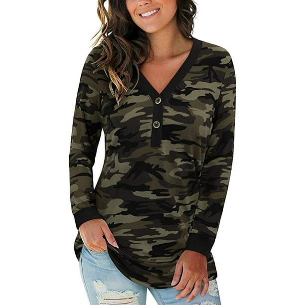 Camiseta de manga larga con cuello en V para mujer a la moda blusa con estampado de botones de otoño Fridja ghj987+1352