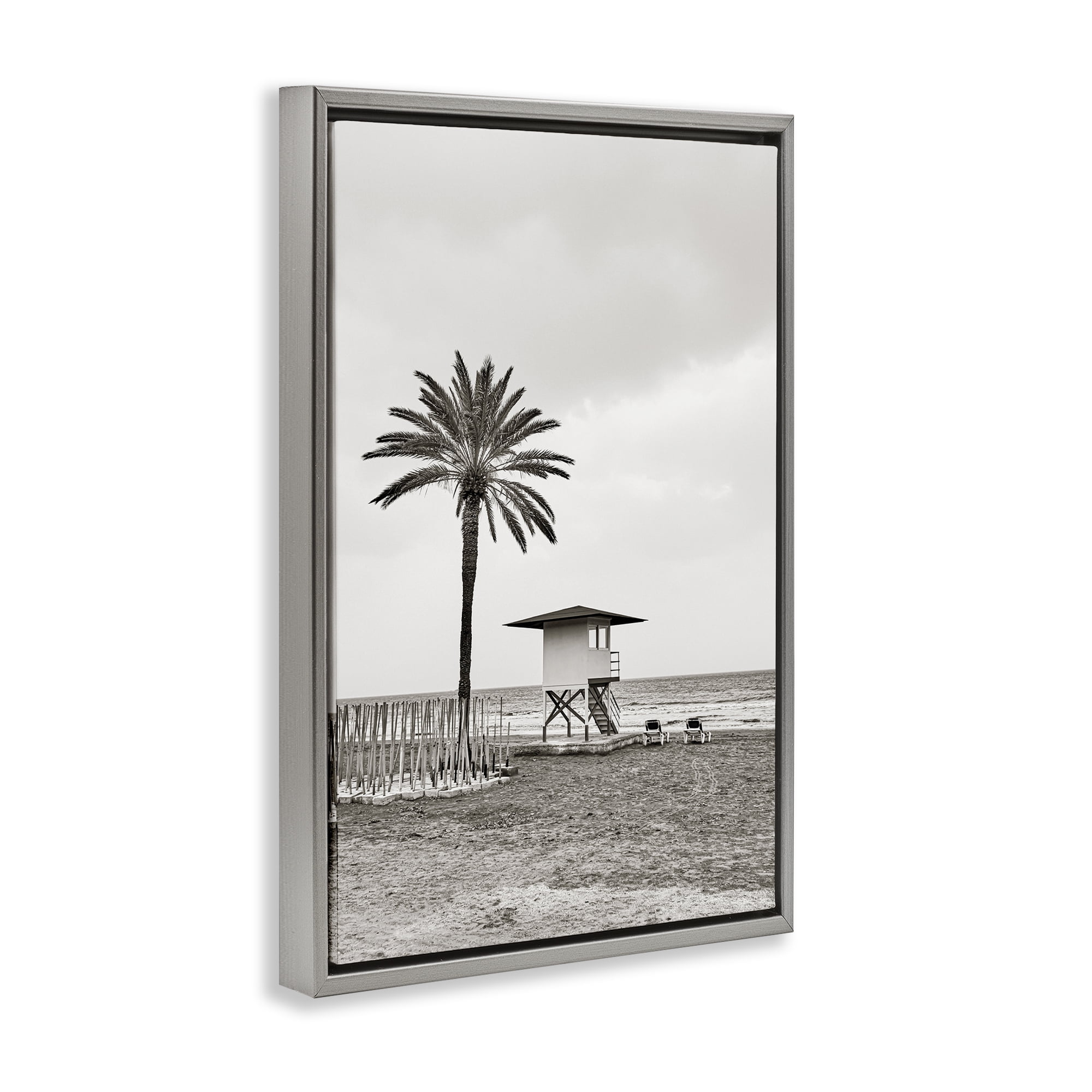 Stupell Industries Lifeguard Tower & Palm Landscape & Nature Photography Gray Floater Framed Canvas Art Print Wall Art, 17 x 25
