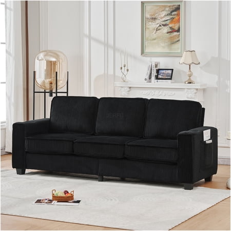 JERFIT Modern 84" Corduroy 3-Seater Sofa with Storage & Cup Holders, Compact Couch for Living Room, Apartment